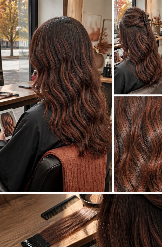 Brown hair with fine reddish cinnamon highlights throughout