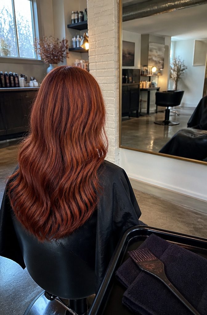 Red hair with blended dark brown strands through the lengths