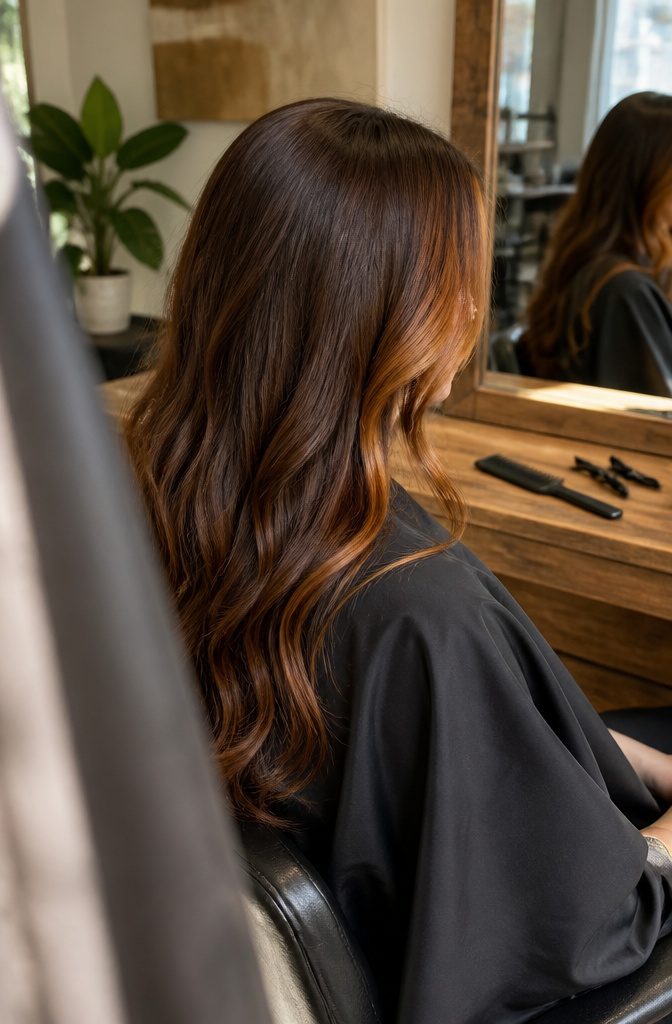 Brown hair with two warm cinnamon streaks framing the face