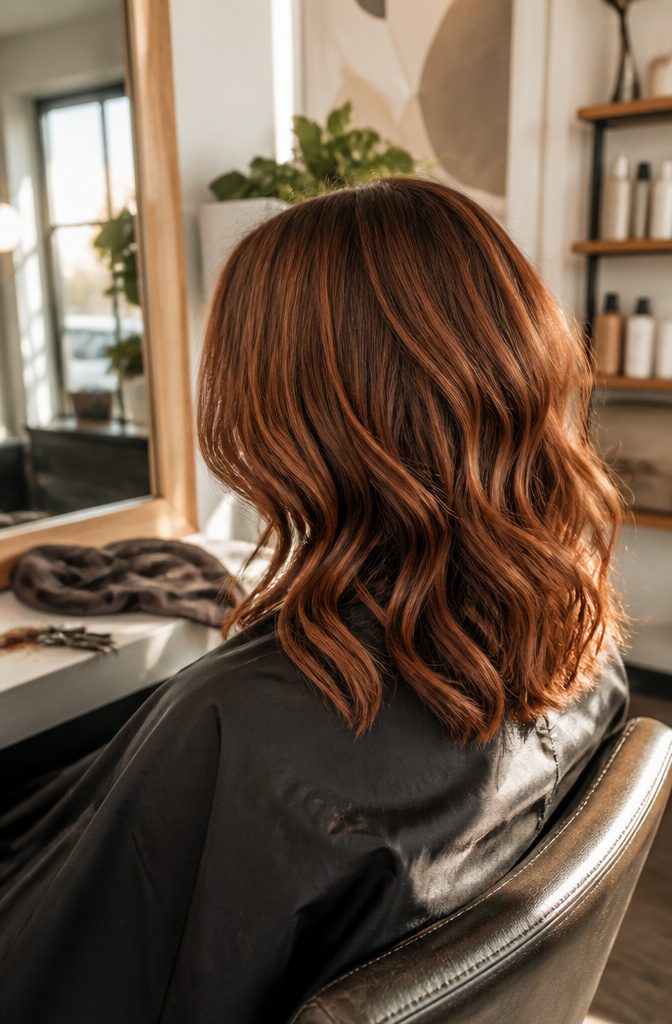 Mid-toned reddish-brown hair with lighter highlights and darker lowlights
