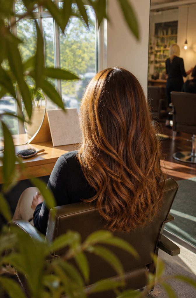 Long layered brown hair with golden strands through the lengths