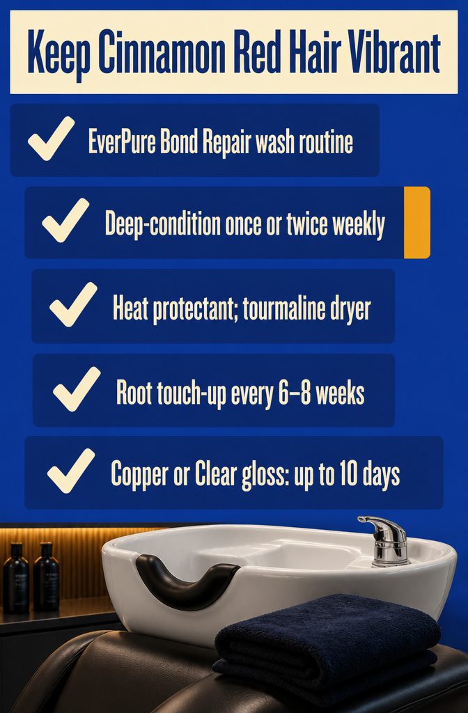 Red hair beside products for washing and conditioning color-treated hair