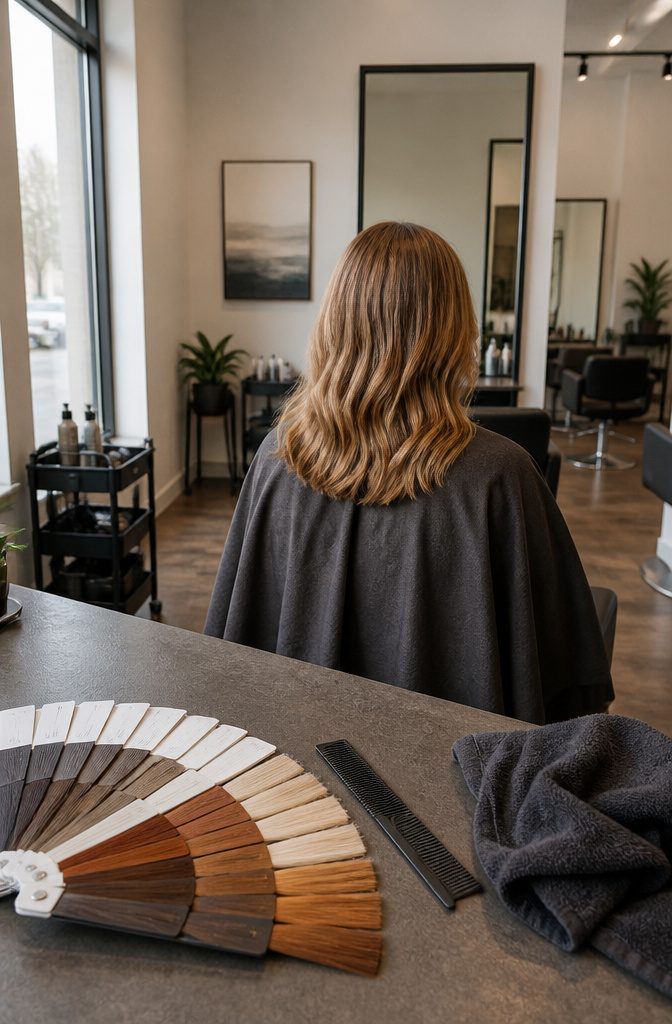 Light brown hair with copper honey and maple highlights