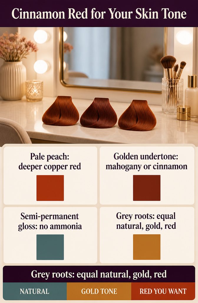 Cinnamon red hair color swatches held beside a face