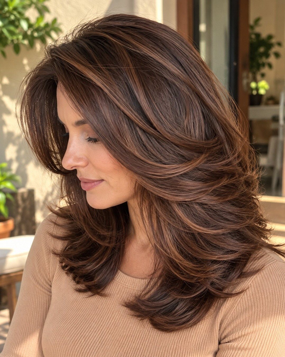 Woman with layered chocolate brown hair and caramel highlights in a bright interior