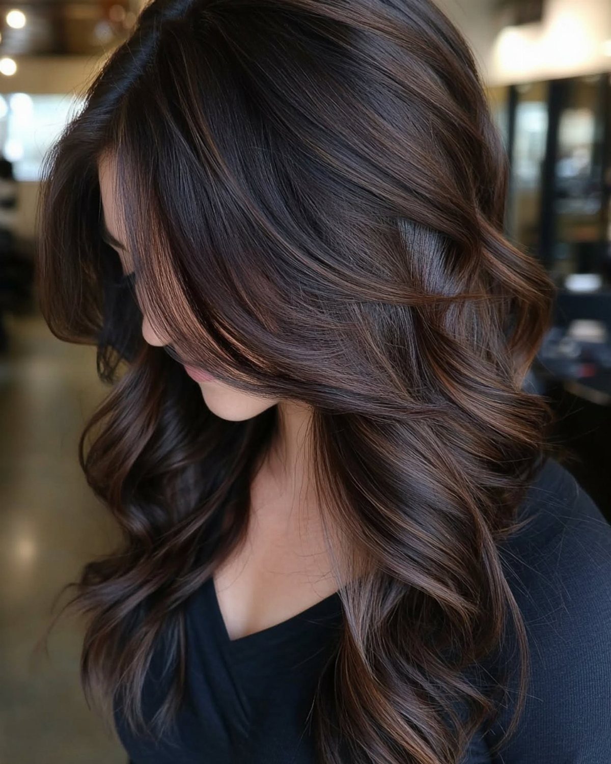 Dark brown wavy hair with subtle highlights cascading over a black top
