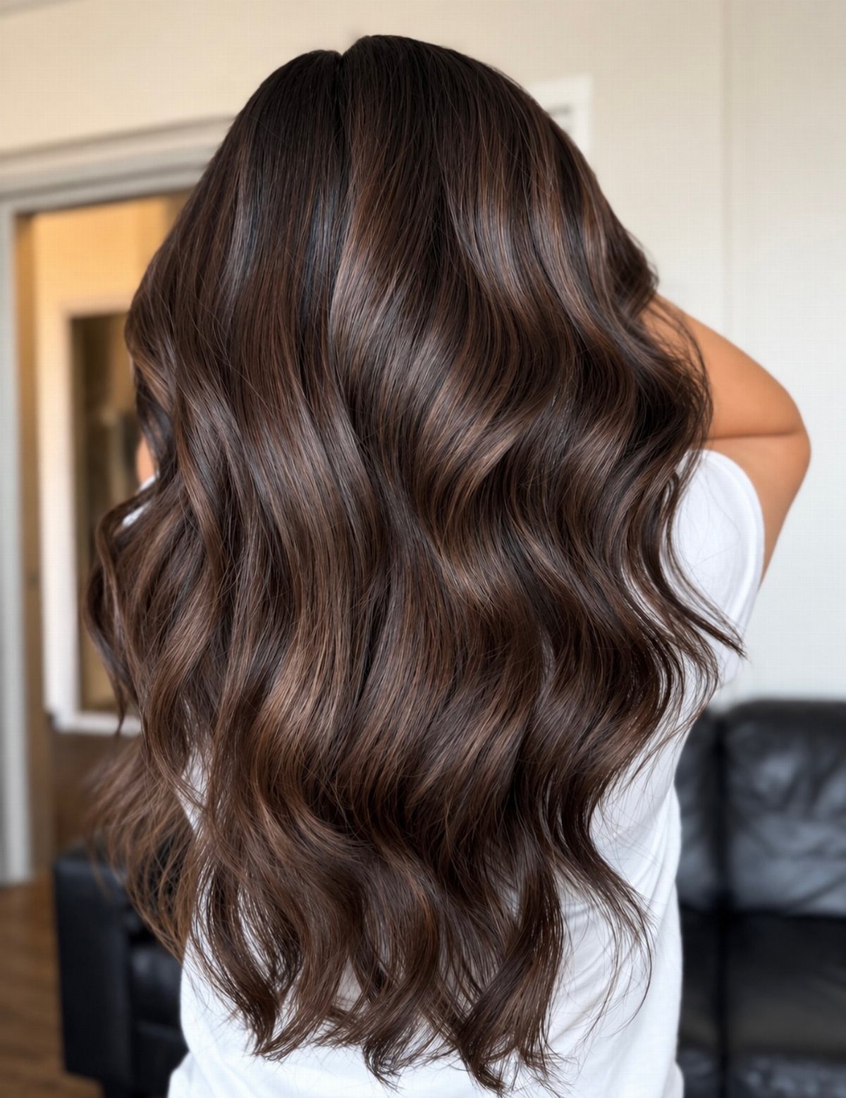 Long mocha brown waves with softly blended lighter highlights
