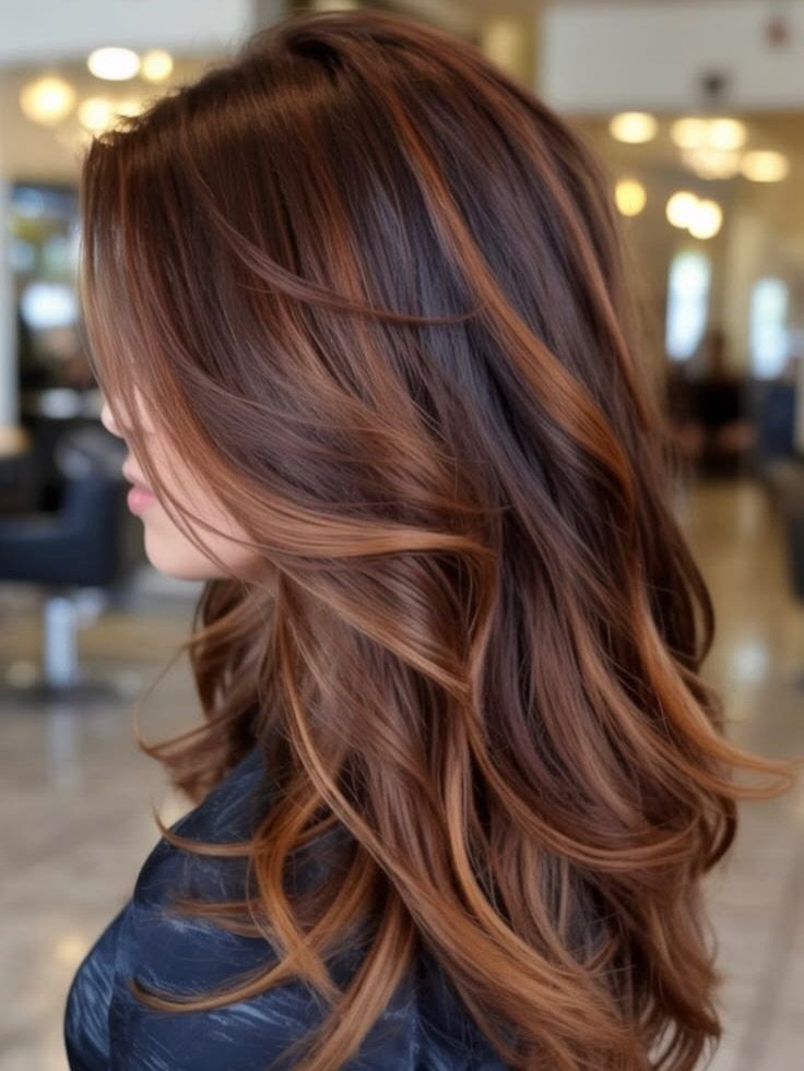 Long layered brown hair with warm copper-red lengths and darker roots