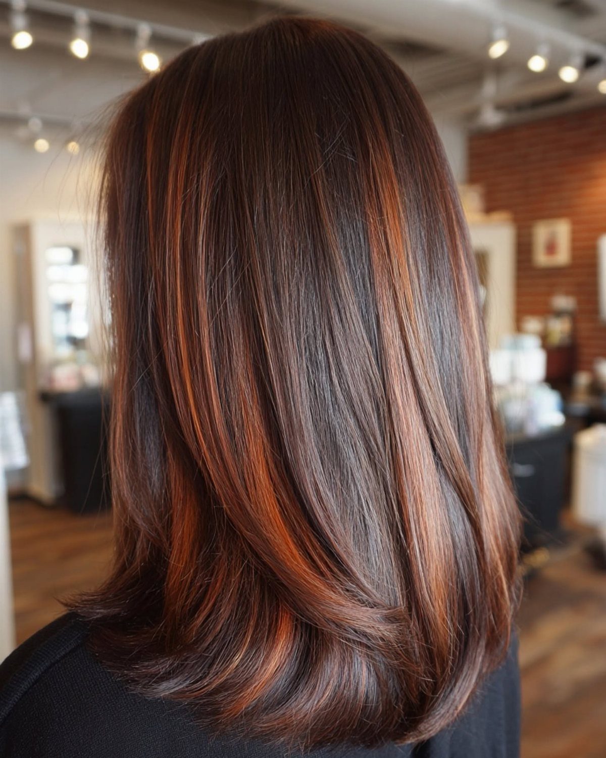 Brown hair with glossy warm copper highlights and softly curled ends in a salon