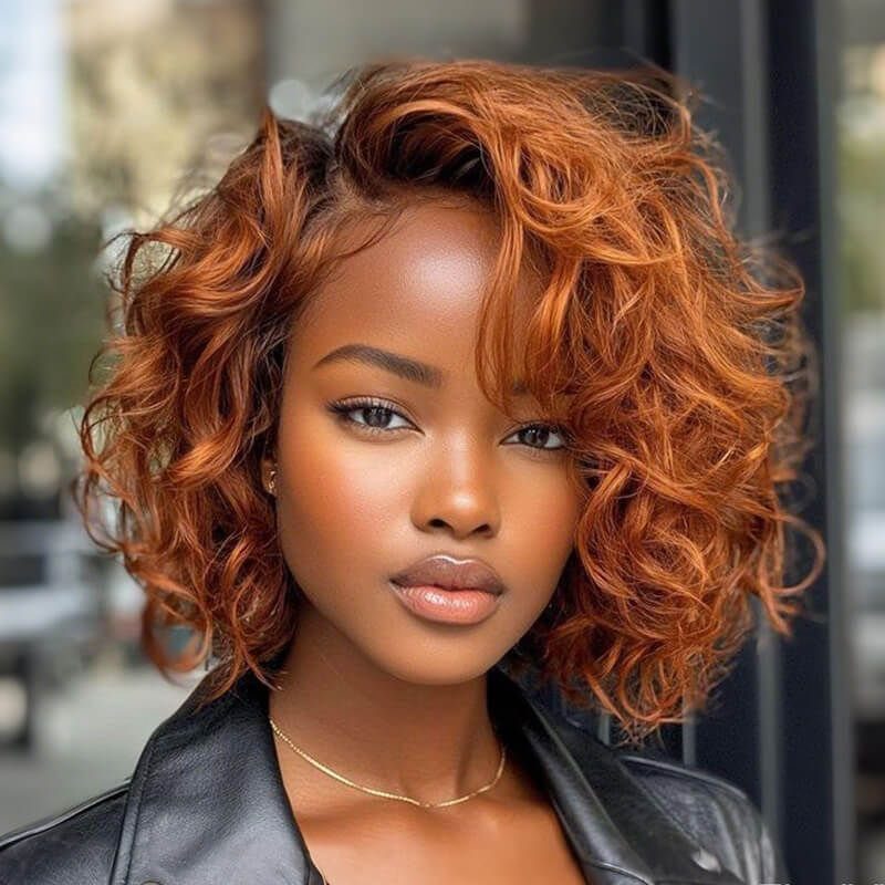 Woman with deep brown skin and voluminous shoulder-length copper curls