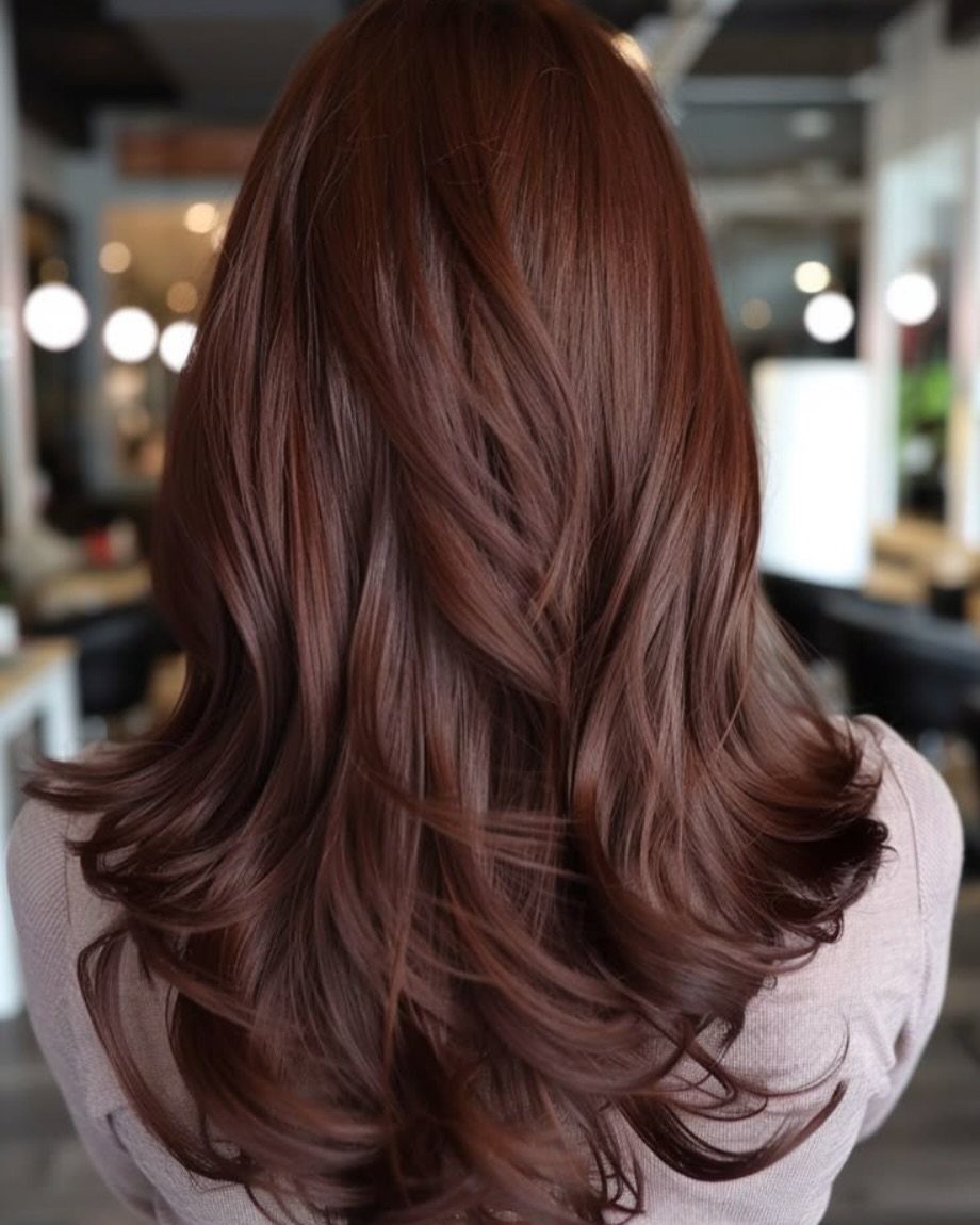 Long layered chocolate-brown hair with a warm copper-red sheen