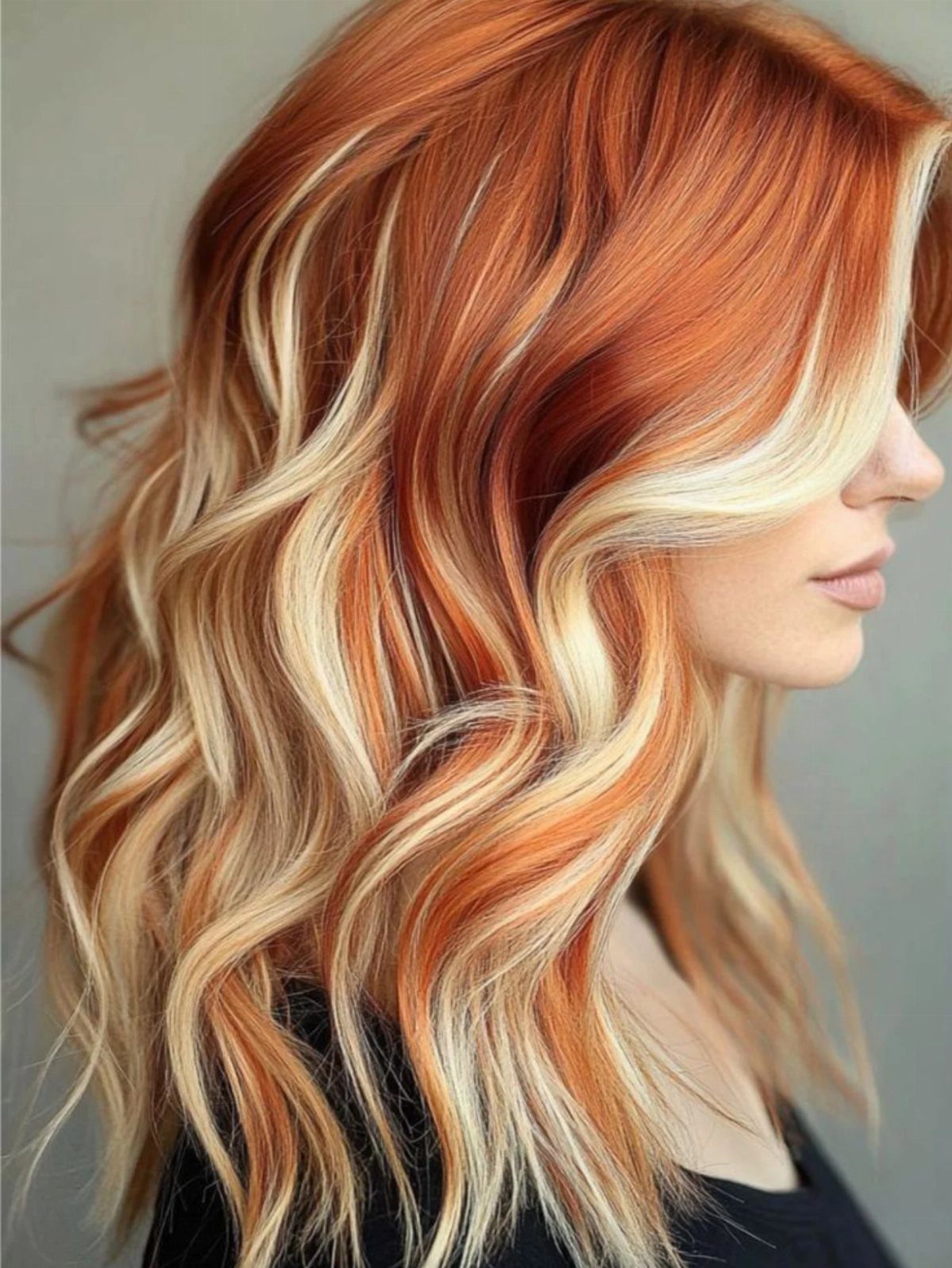 Wavy copper hair with blonde highlights framing a woman's face