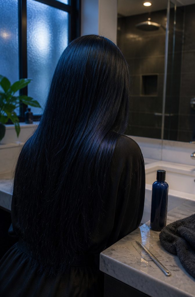 Sleek black hair with navy and indigo tones in cool light