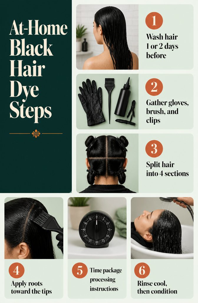 At-home hair dye guide with numbered steps and application tools