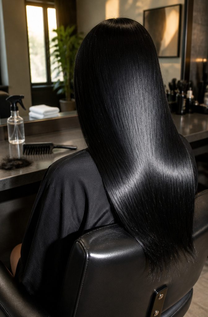 Long glossy jet-black hair with no visible brown undertones