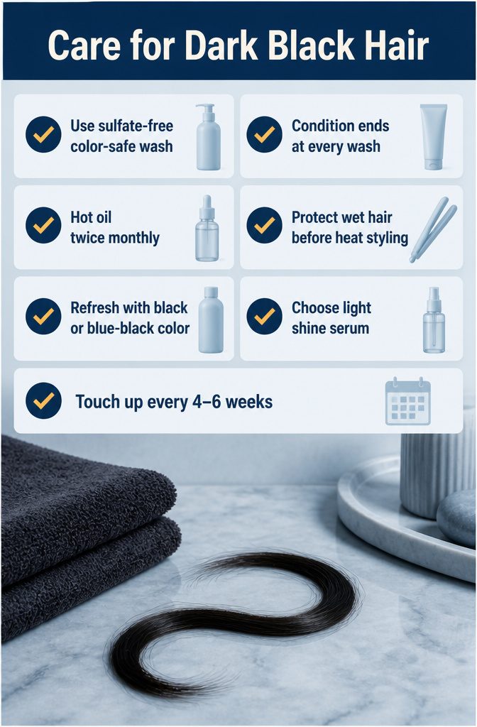 Dark hair care chart listing shampoo conditioner heat protection and shine serum