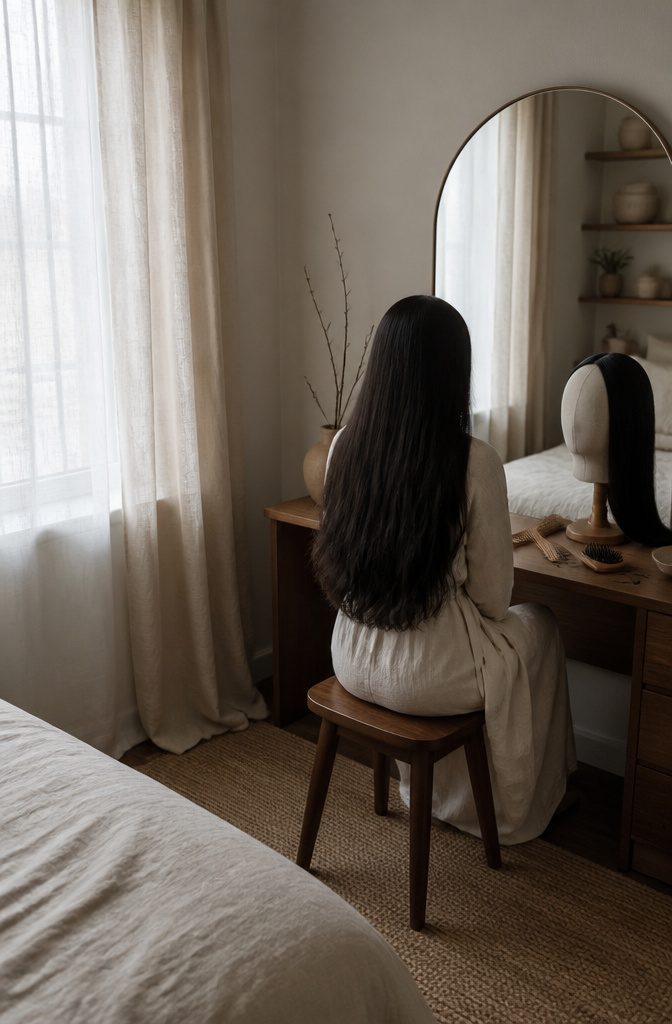 Dark brown-black hair with subtle warmth beside a glossy black finish