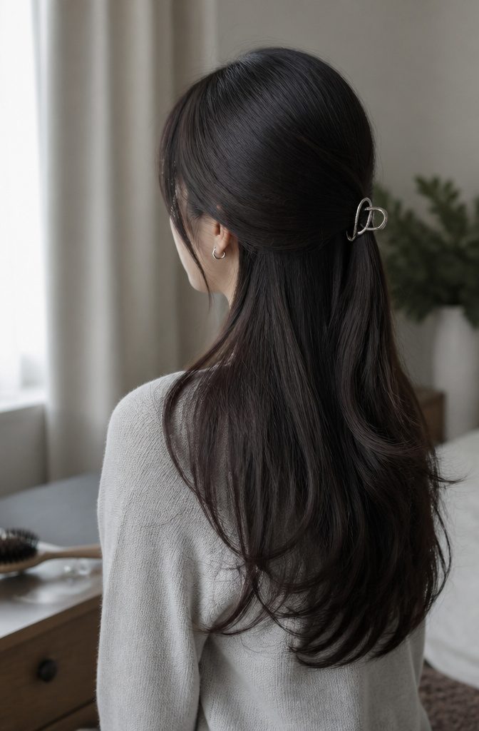 Deep brown hair with cool ash tones framing a fair complexion
