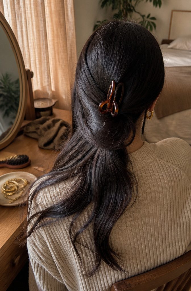 Naturally dark hair with warm undertones showing through the highlights