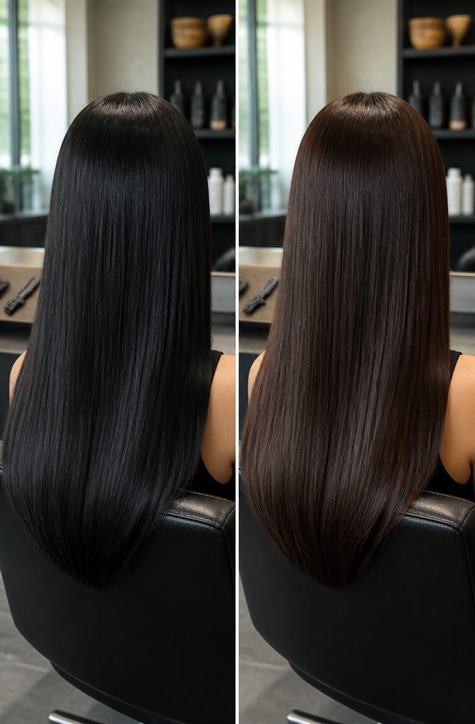 Dark hair in soft light with little visible change in tone