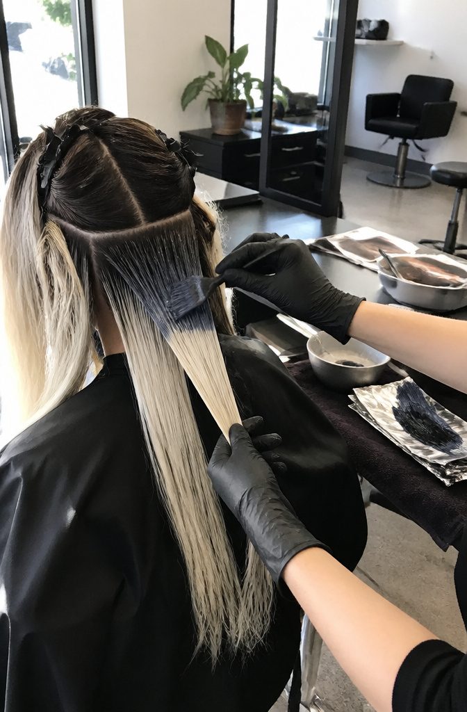 Blonde hair with a sectioned darker base and a blue-black highlight panel