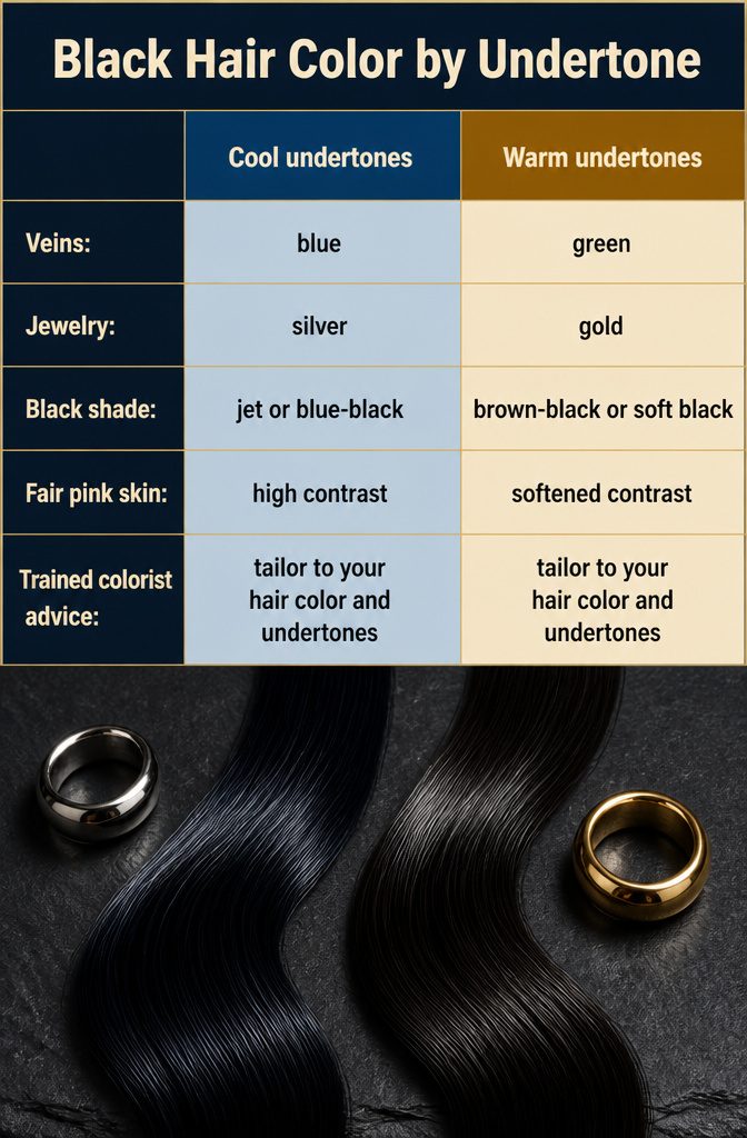 Black hair color chart comparing shades for cool and warm undertones