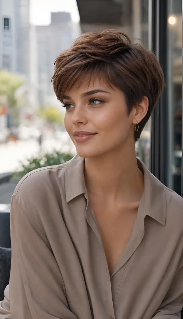 Woman with a short, warm chestnut brown pixie haircut and soft highlights