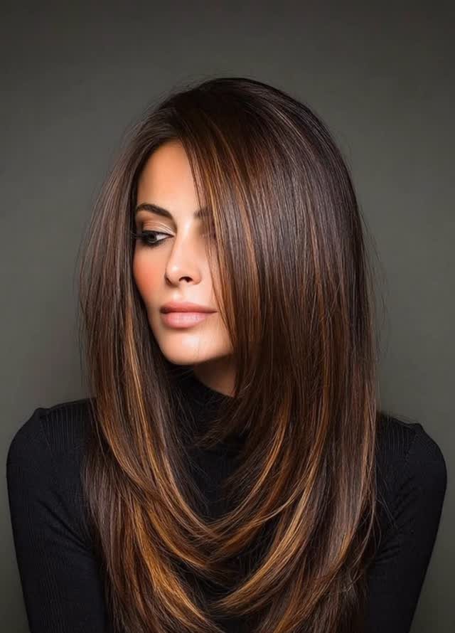 Long dark brown hair with warm copper tones frames a woman in a black top