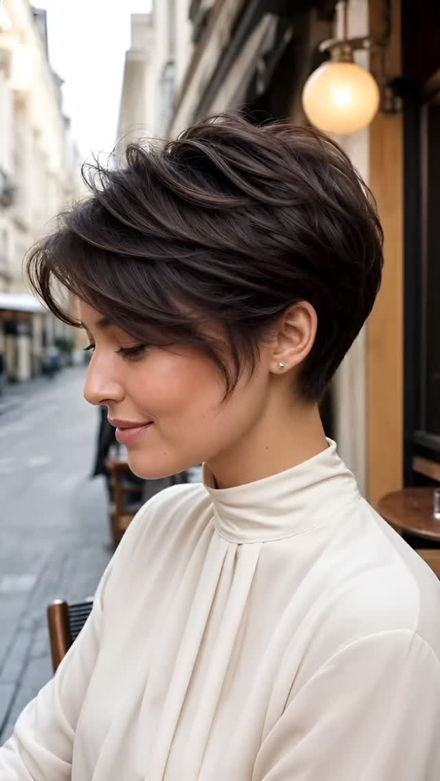Woman with glossy chocolate brown pixie cut seated outside a storefront
