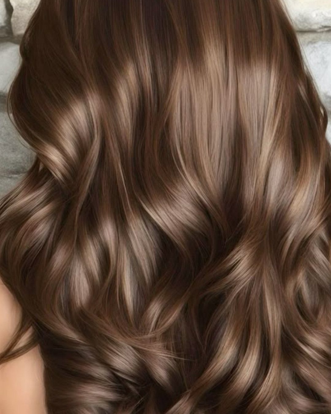 Glossy bronze-brown hair falls in long, softly defined waves