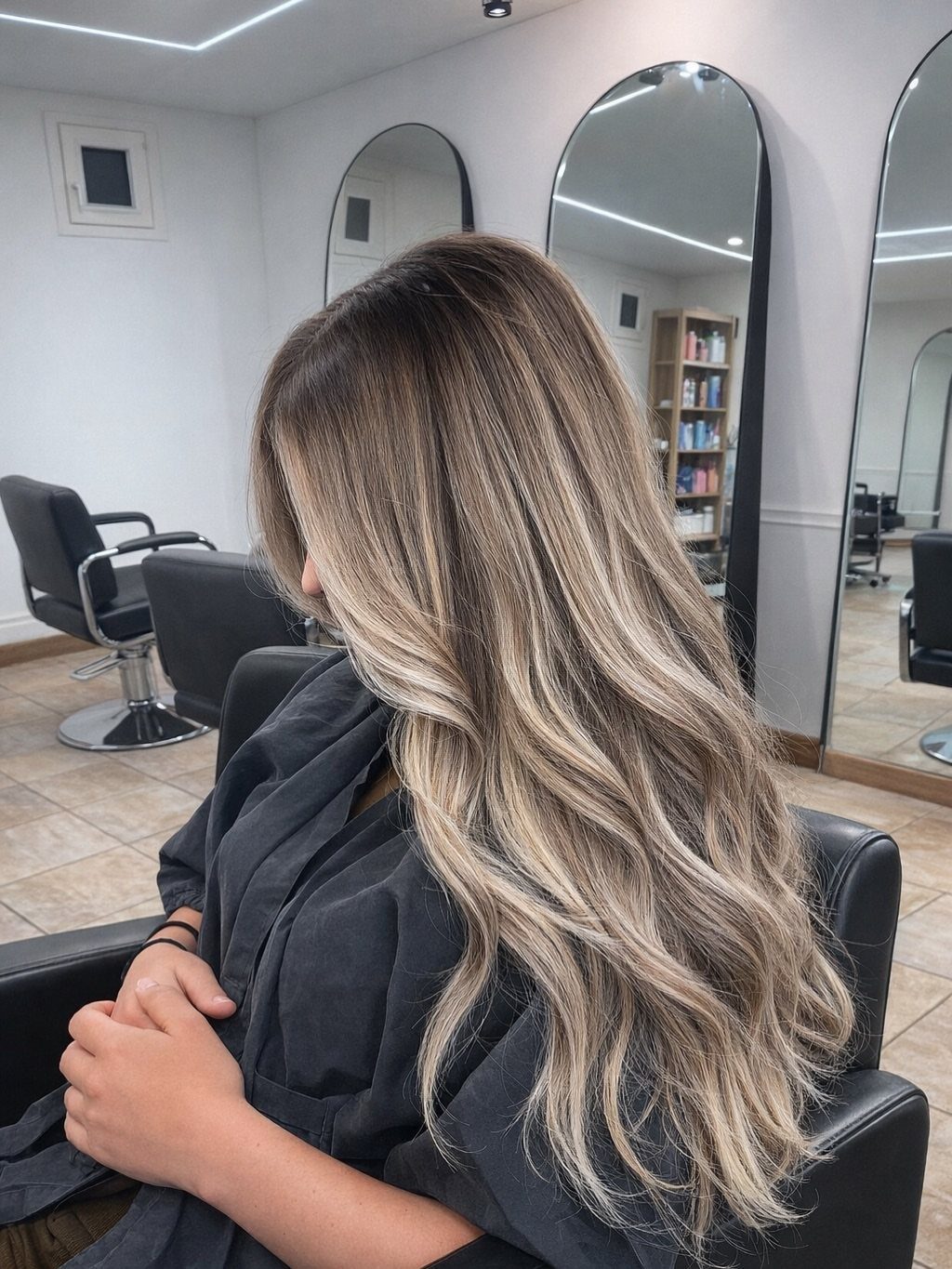 Long wavy dark brown hair with cool blonde highlights in a salon