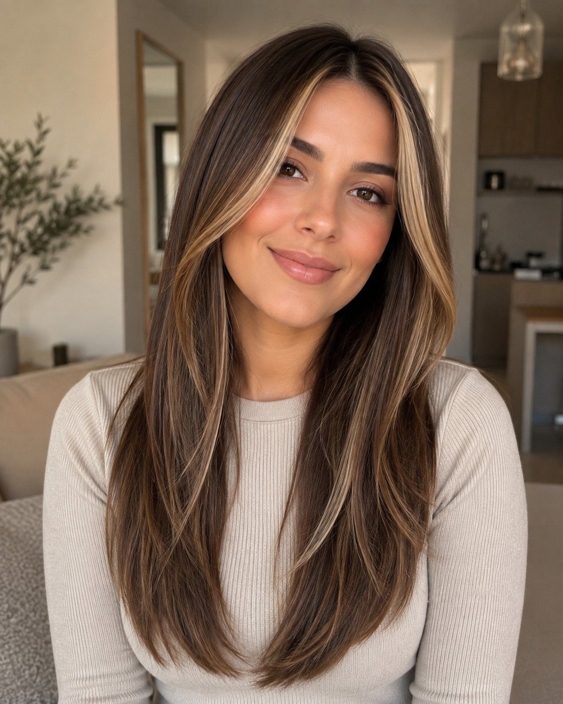 Long brown hair with warm caramel highlights frames a woman’s face