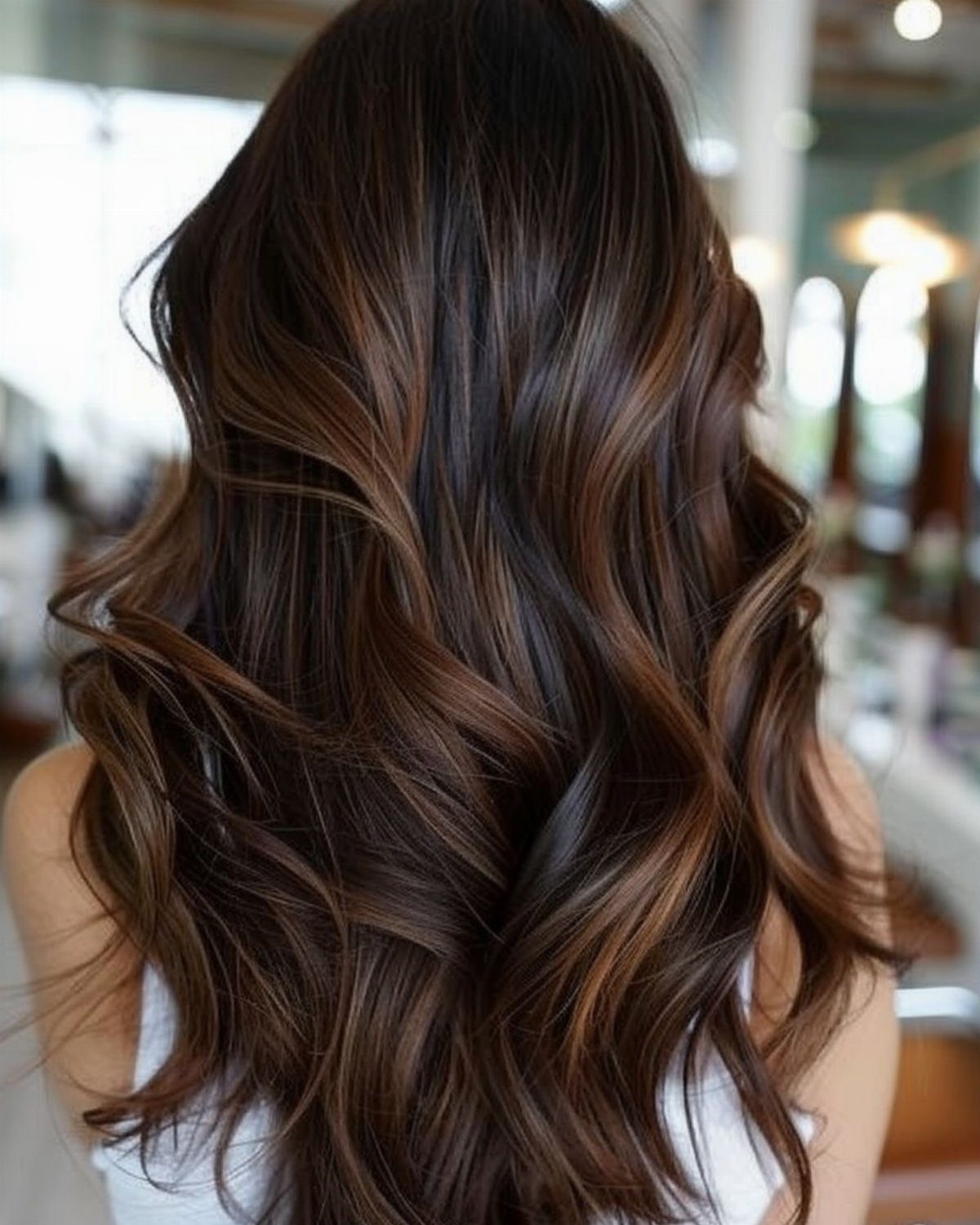Long dark brunette waves with glossy bronze highlights in a salon