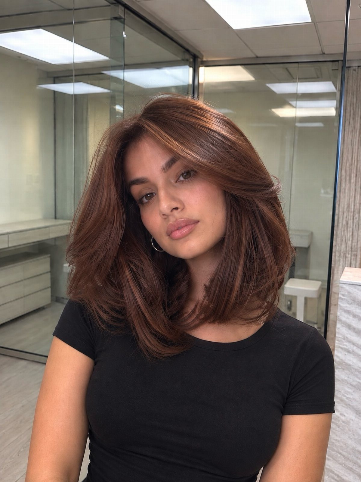 Woman with layered dark chestnut hair and warm reddish-brown highlights