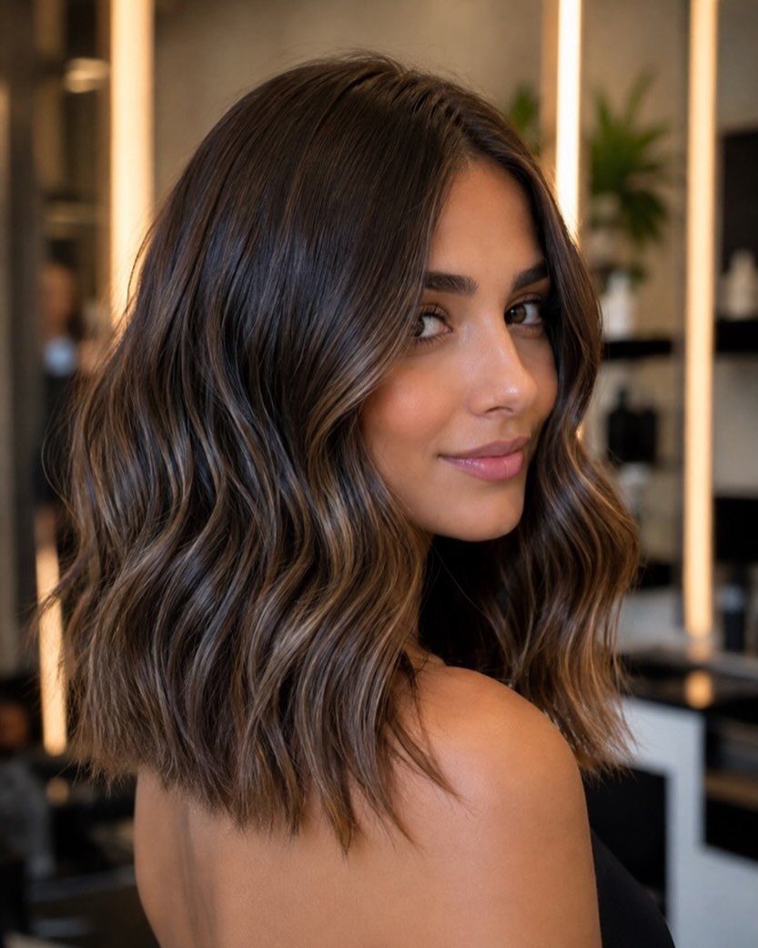 Woman with glossy dark brown wavy hair and lighter brown highlights