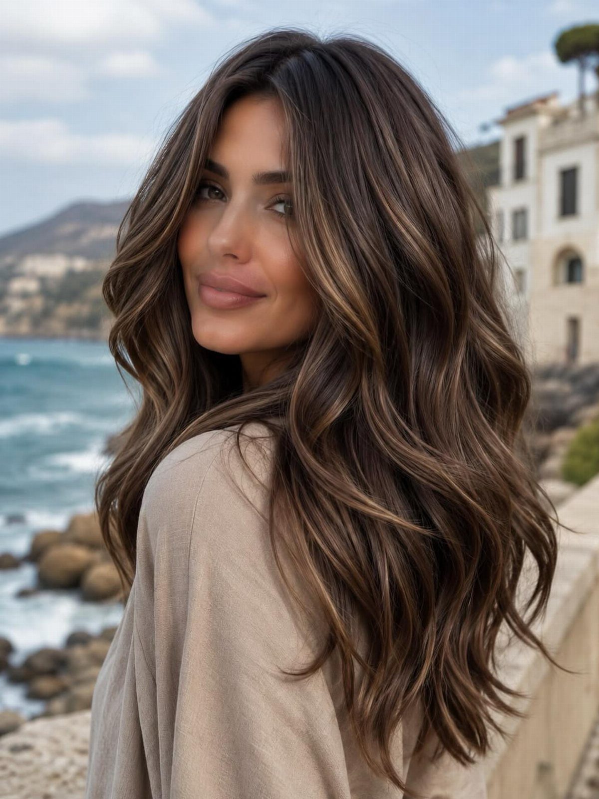 Woman with long dark brown waves and subtle golden streaks by the seaside