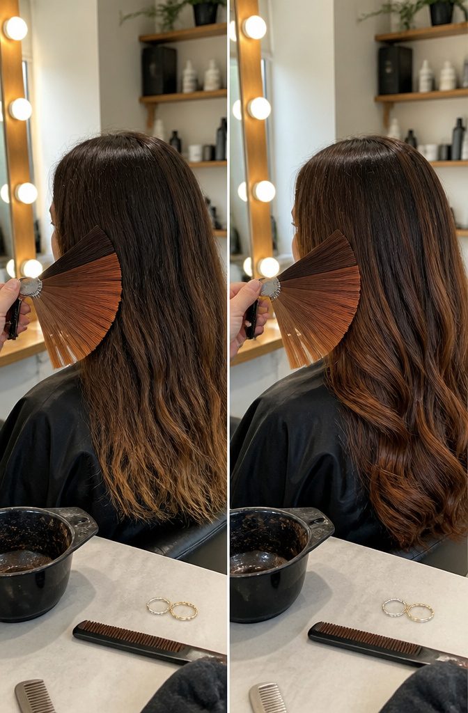 Dark brown hair shown for an article about changing to ginger