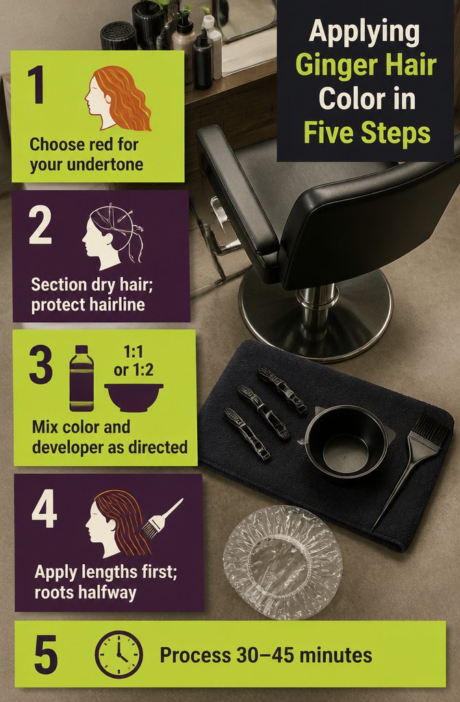 Beauty information graphic about applying ginger hair color in five steps