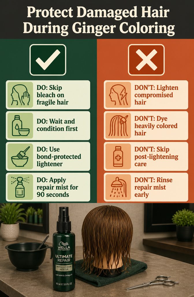Beauty information graphic about protecting damaged hair during ginger coloring