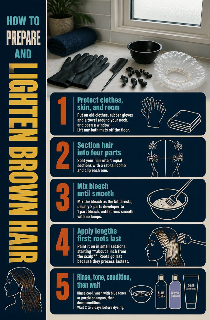 Beauty information graphic about preparing and lightening brown hair