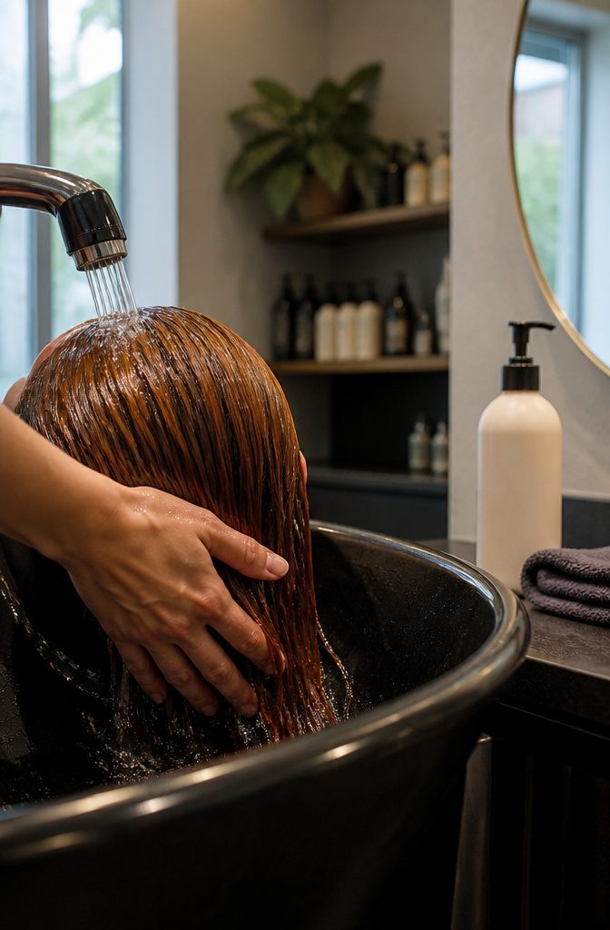 Ginger-brown hair under running water in a salon basin