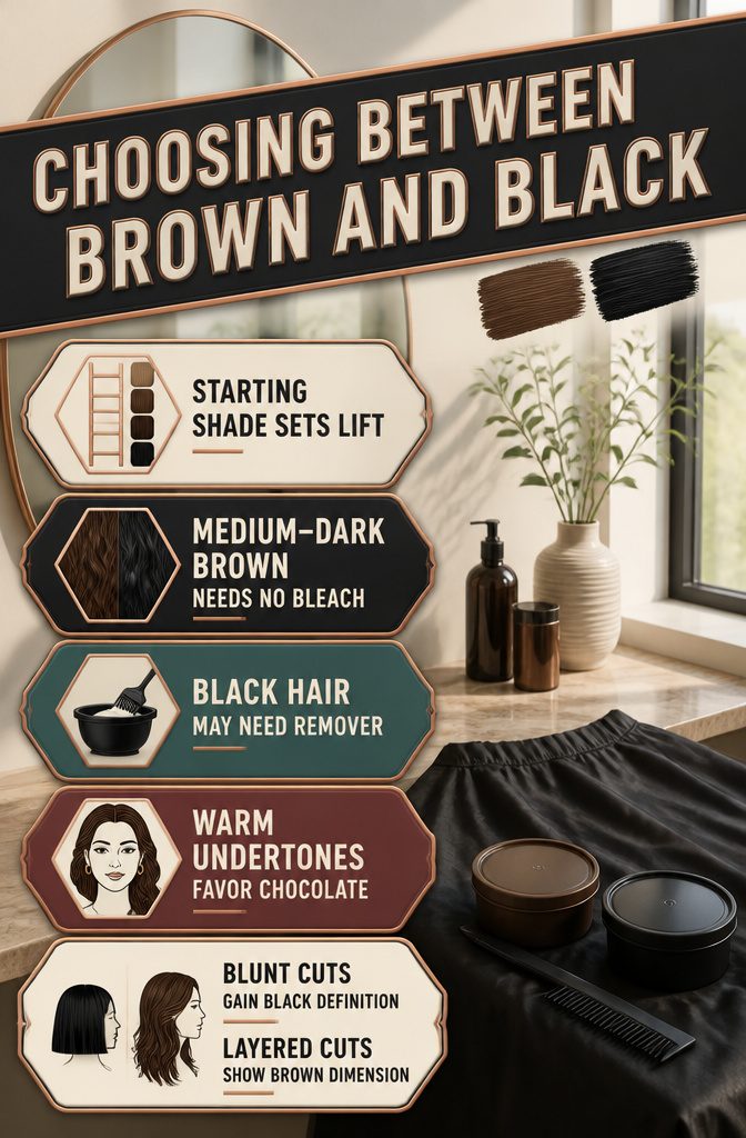 Hair color samples comparing dark brown and black results from different starting shades
