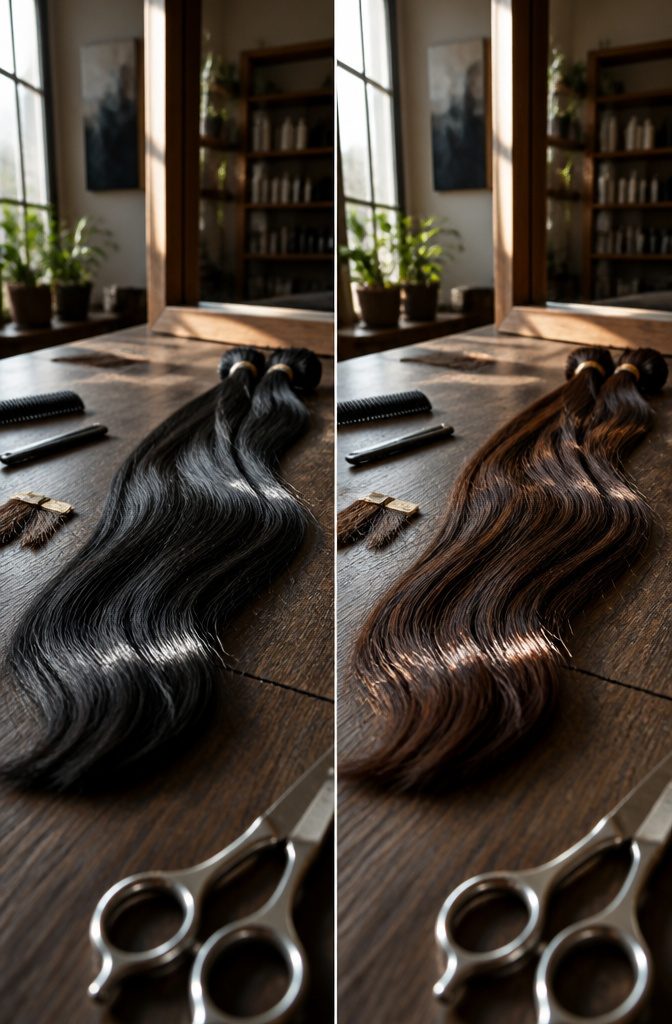 Dark brown and black hair strands compared under indoor and natural light
