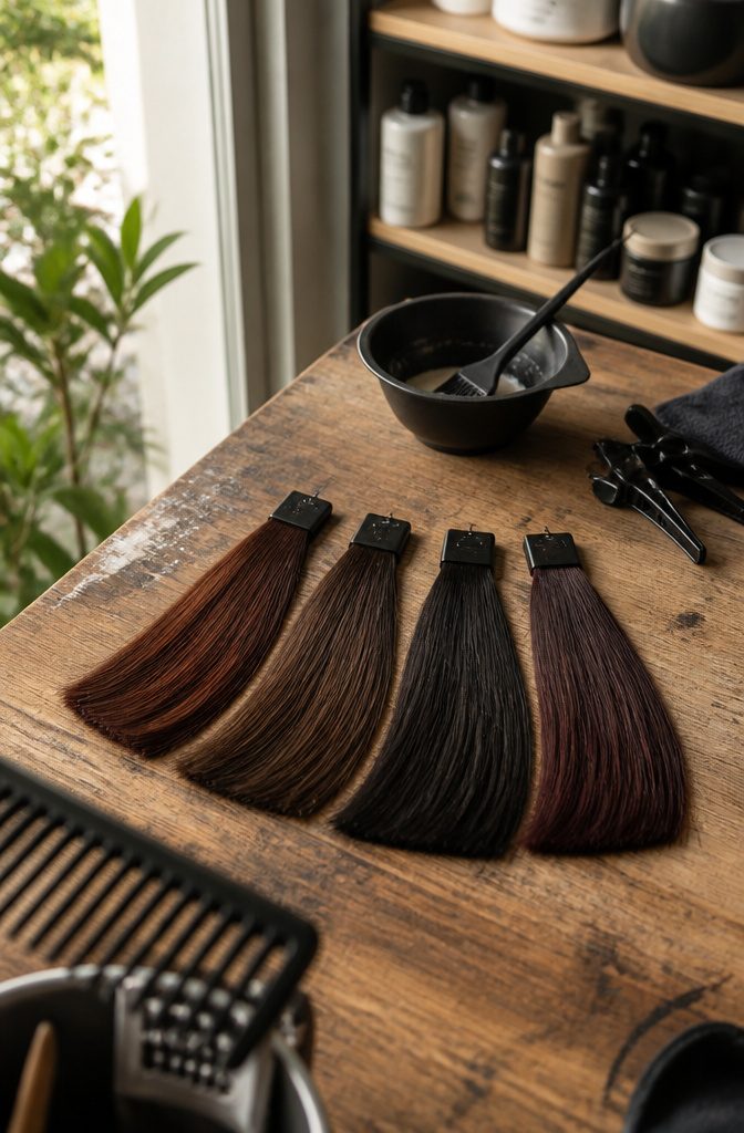 Four dark brown hair swatches arranged in an arc on a wooden workbench