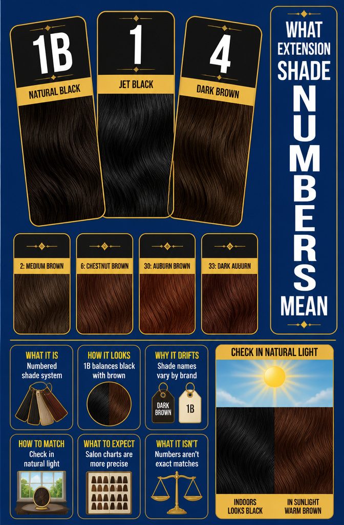Hair extension swatches labeled 1B 1 and 4 in a shade chart