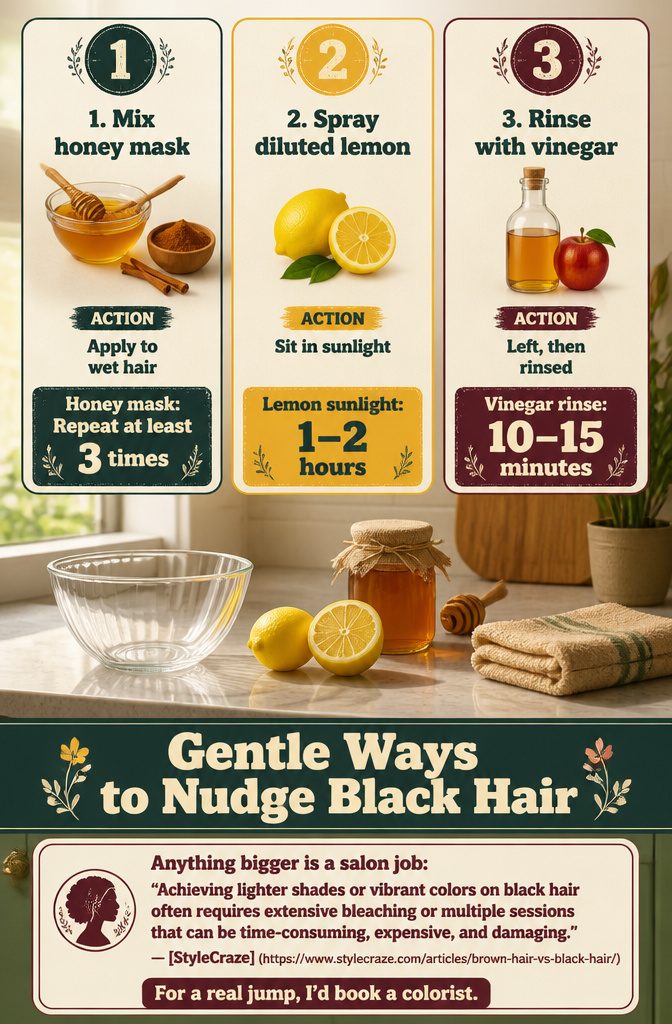 Black hair lightening supplies with honey cinnamon lemon and vinegar treatments