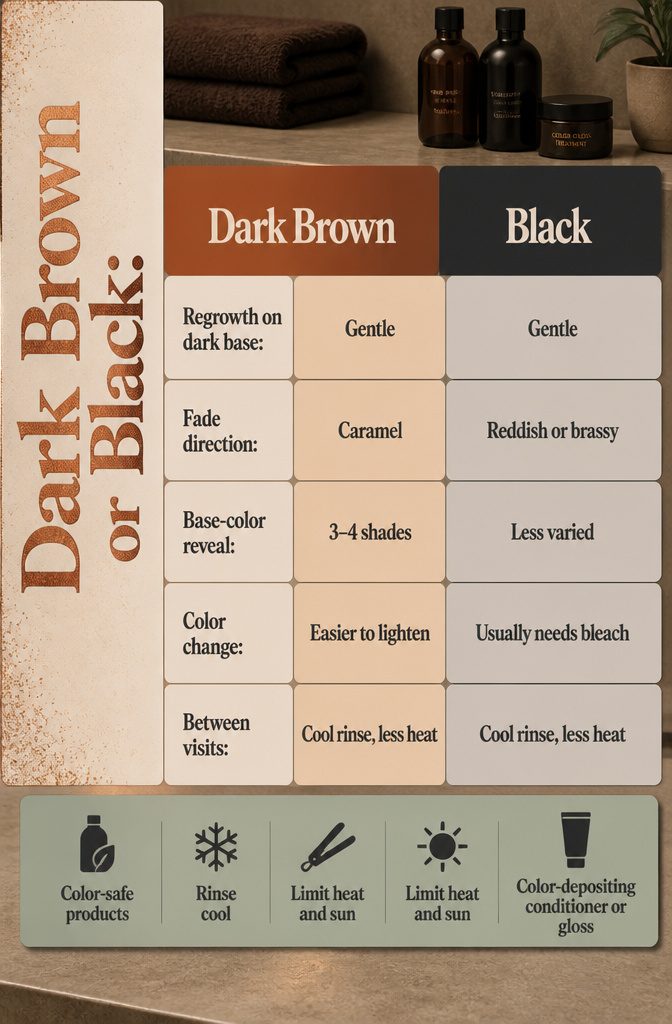 Dark brown and black hair samples with products for roots and color care