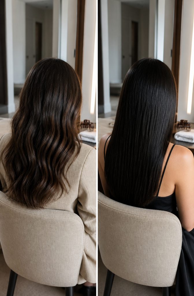 Dark brown and black hairstyles displaying softer and higher contrast facial effects