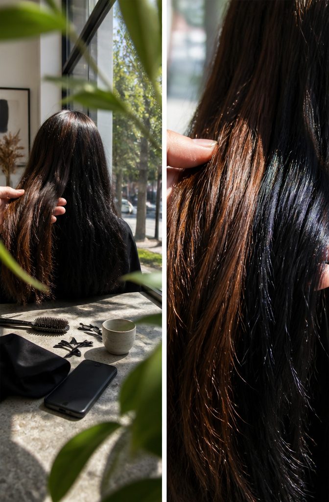 Dark brown hair showing warm undertones beside cool black hair in direct light