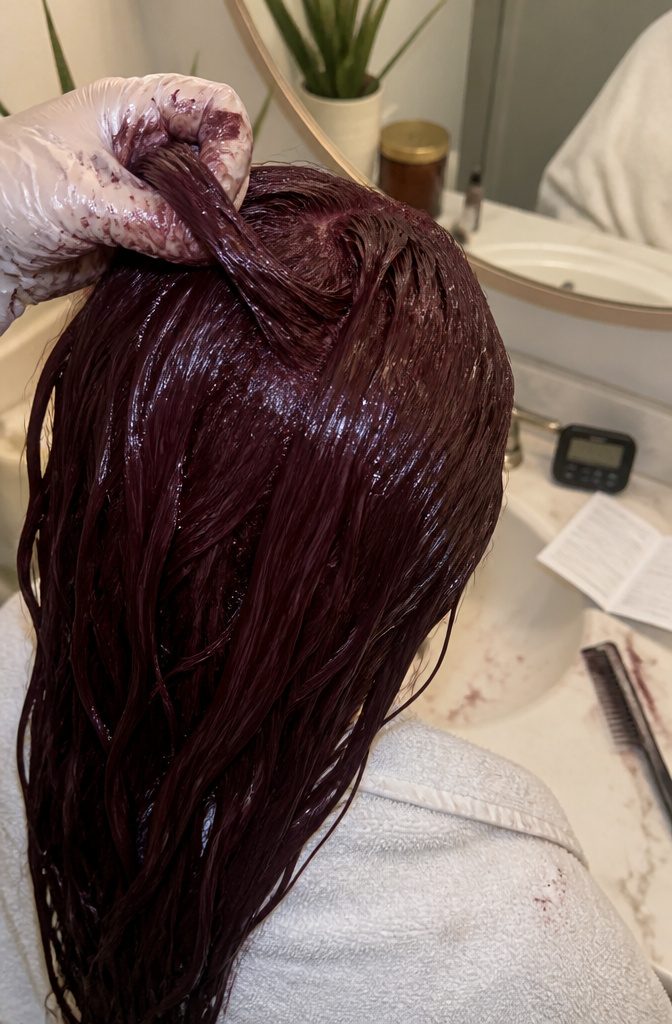 Dark cherry dye being applied through sectioned hair from roots to ends